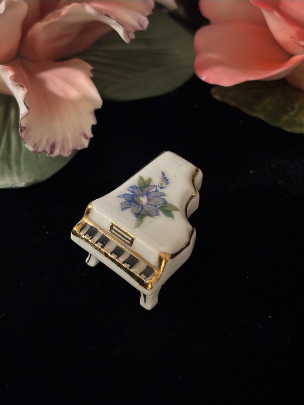 LIMOGES Porcelain Mini White Grand Piano with Blue Floral Motif and Gold Trim